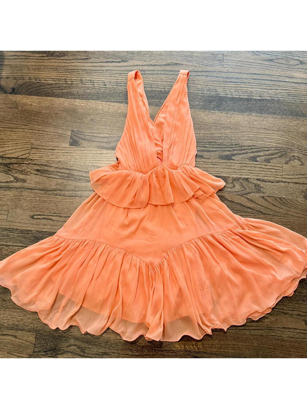 ASOS Design Coral-Orange Plunge Pleated Tiered Mini Dress Size 2